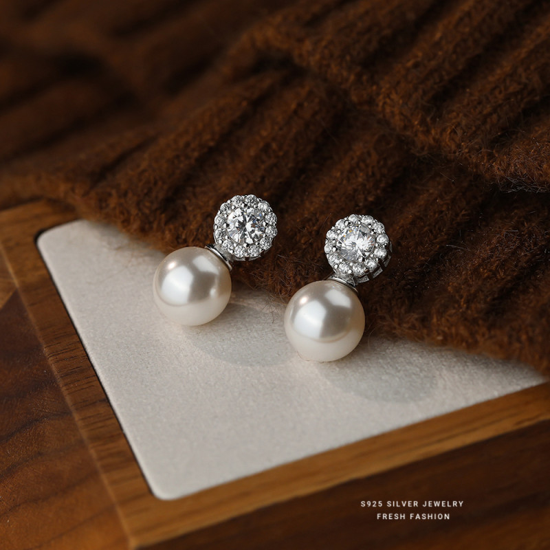 Sparkling Zircon Shijia Pearl Earrings for Women, Light Luxury High-End Versatile S925 Sterling Silver Studs, French Style Elegant Earrings