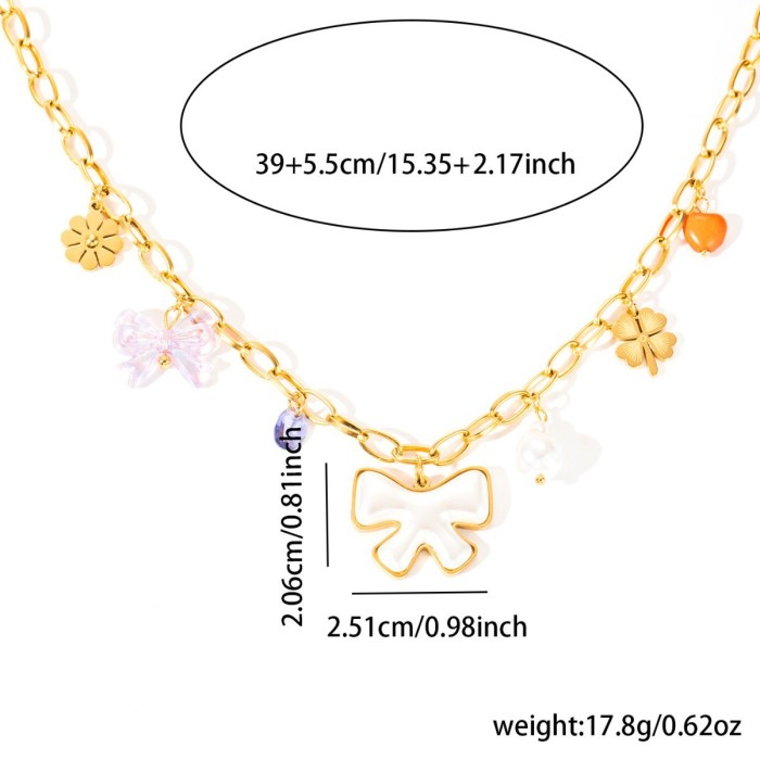Stainless Steel Necklace Bowknot Elephant Oil Drop Necklace Niche Design Bohemian Gold Plated Titanium Steel Necklace...