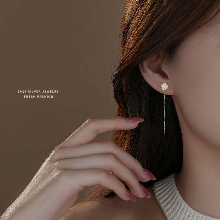 Iridescent White Rose Flower Ear Thread Female S925 Sterling Silver Light Luxury High Sense Sweet Tassel Stud Earrings Elegant Ear Jewelry Dropshipping