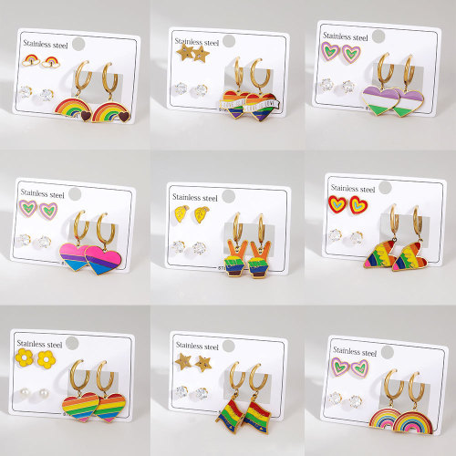 Stainless Steel Earring Set Light Luxury High-End Oil Drop Heart Rainbow Earrings Niche Design Sense Cross-Border Titanium Steel Earrings