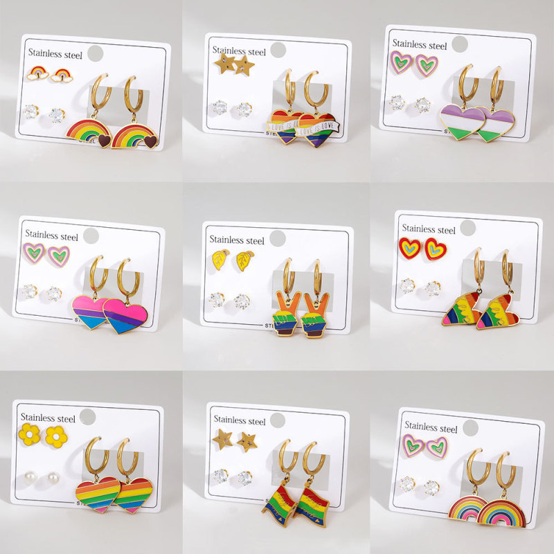 Stainless Steel Earring Set Light Luxury High-End Oil Drop Heart Rainbow Earrings Niche Design Sense Cross-Border Titanium Steel Earrings