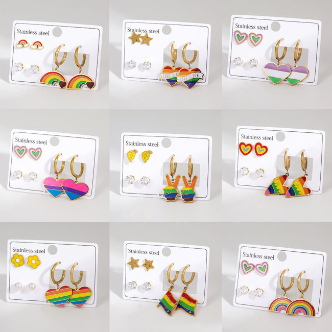 Stainless Steel Earring Set Light Luxury High-End Oil Drop Heart Rainbow Earrings Niche Design Sense Cross-Border Titanium Steel Earrings