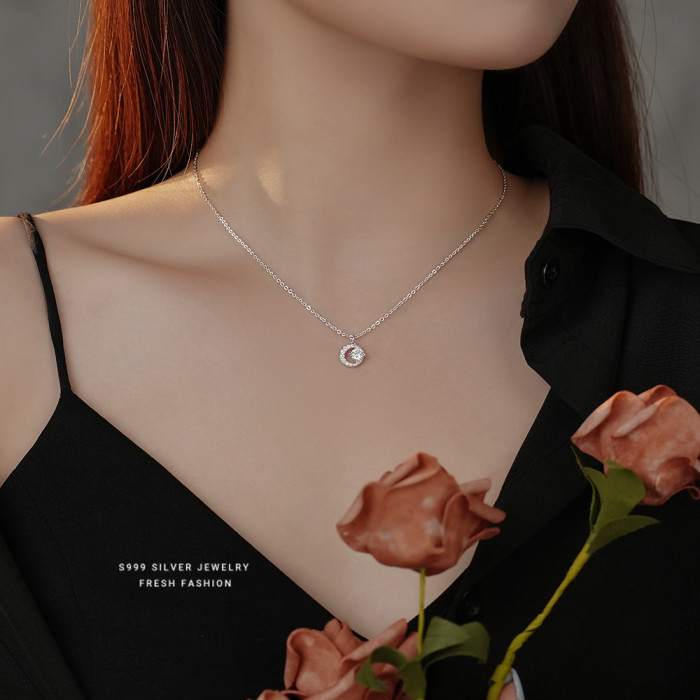 S999 Sterling Silver Crescent Shiny Zircon Necklace for Women Light Luxury High-Grade Special-Interest Design Moissanite Pure Silver Clavicle Chain