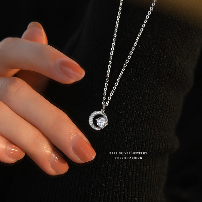 S999 Sterling Silver Crescent Shiny Zircon Necklace for Women Light Luxury High-Grade Special-Interest Design Moissanite Pure Silver Clavicle Chain
