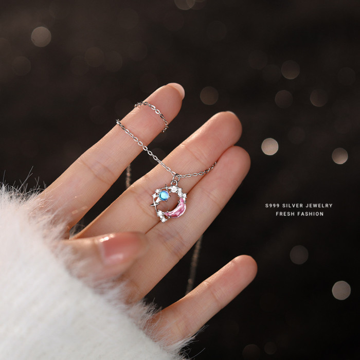 S999 Pure Silver Moon Necklace for Women, Niche Fashionable Elegant Collarbone Chain, Autumn Winter High-Quality Jewelry, Wholesale Birthday Gift