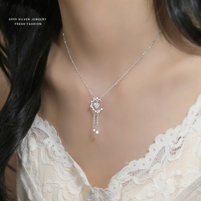 Lover's Moonlight S999 Sterling Silver Heart Moon Star Topaz Necklace Valentine's Day Tassel Fresh Collarbone Chain High-end Feel