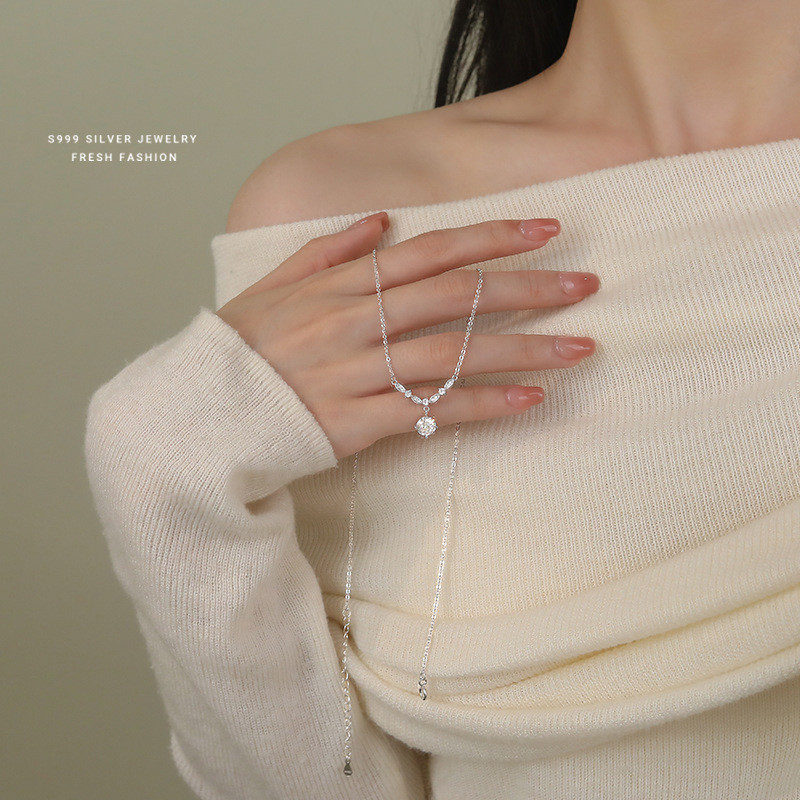 Brilliant Light Luxury Zircon Necklace for Women S999 Pure Silver Niche Elegant High-end Versatile Full Silver Clavicle Chain Exquisite