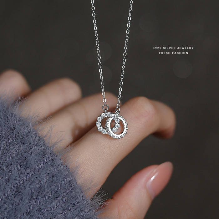 Light Luxury Interlocking Super Shiny Zircon Necklace for Women S925 Sterling Silver Versatile High-end Double Ring C...