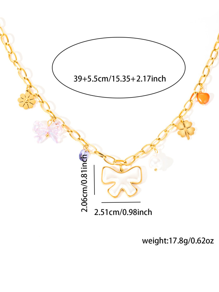Stainless Steel Necklace Bowknot Elephant Oil Drop Necklace Niche Design Bohemian Gold Plated Titanium Steel Necklace...