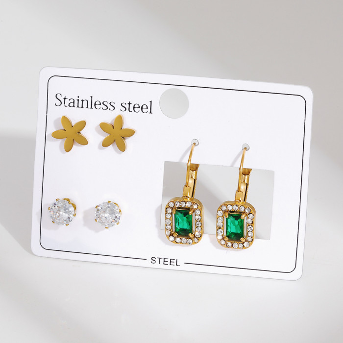 Stainless Steel Earring Set Flower Oil Drop Diamond Earrings Light Luxury High-end Four-leaf Clover Studs Titanium Steel Earrings for Women