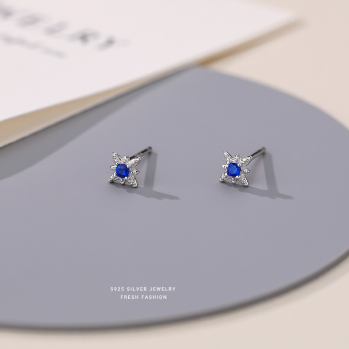 Blue Series Fresh Iris Flower Earrings for Women S999 Sterling Silver Korean Fashion Zircon Star Earrings Eight-Pointed Star