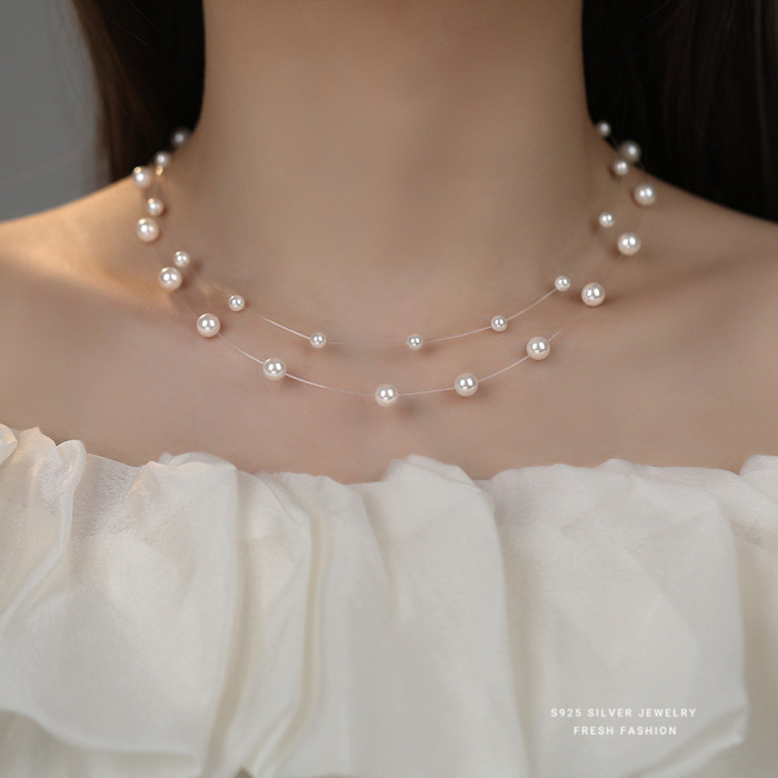 Celebrity Style Double Layer Fish Line Pearl Necklace for Women, Ins Style Layering French Light Luxury Shijia Pearl Collarbone Chain Wholesale