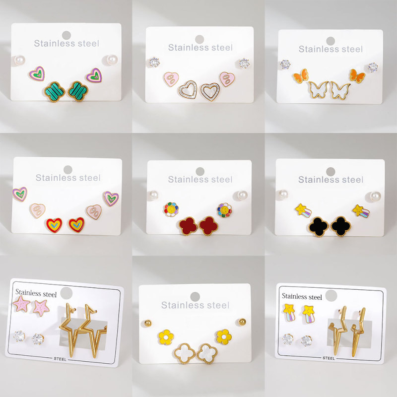 Stainless Steel Earring Set Four-Leaf Clover Oil Drop Butterfly Heart Diamond-Studded Earrings Light Luxury High-End Non-Fading Earrings