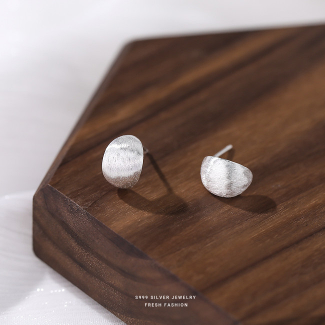 S999 Pure Silver Curved Matte Brushed Earrings for Women French Retro Hong Kong Style Elegant Internet Celebrity High-end Personality Earrings