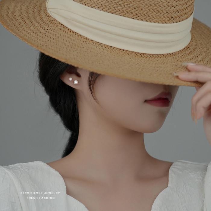 S999 Pure Silver Natural Pearl Earrings for Women Minimalist Luxury Design Versatile Elegant No-Picking Ear Piercing Earrings Wholesale