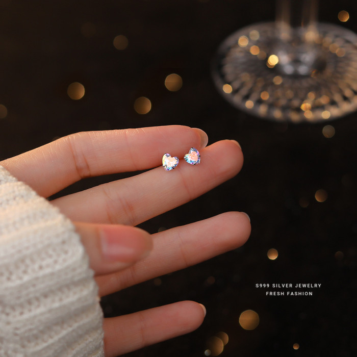 S999 Pure Silver Iridescent Zircon Heart Stud Earrings for Women Fresh Style Gorgeous Versatile Petite Ins Ear Jewelry Ear Piercing Care