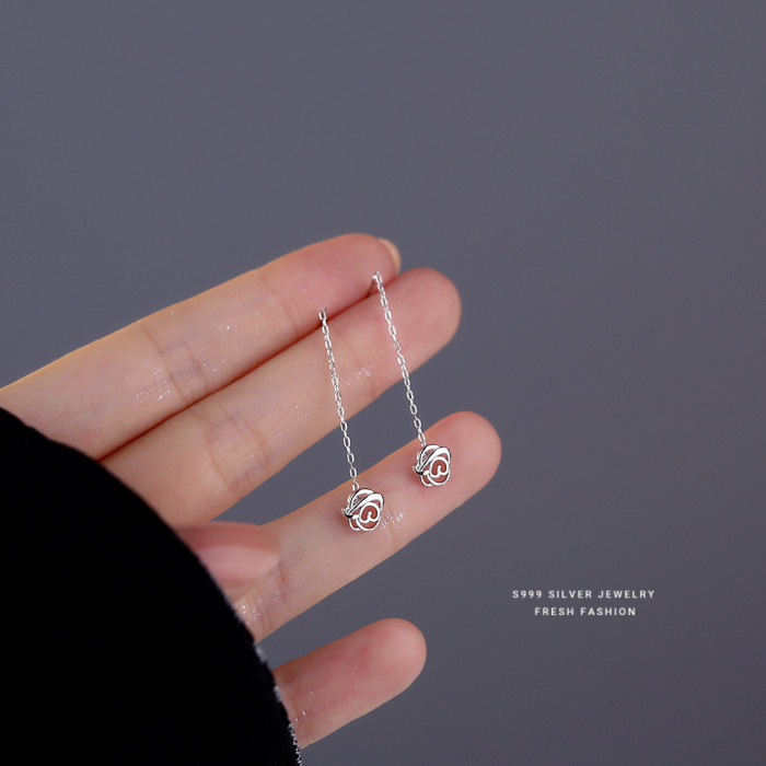 s999 Pure Silver Hollow Rose Tassel Earrings for Women, Light Luxury Elegant French Retro Ear Thread Earrings, Flower Ear Jewelry