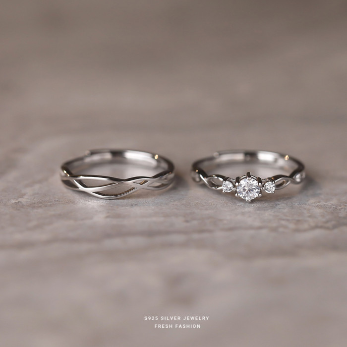 S925 Sterling Silver Qixi Valentine's Day Simple Line Zircon Couple Rings Personalized Hollow Design Unisex Adjustabl...