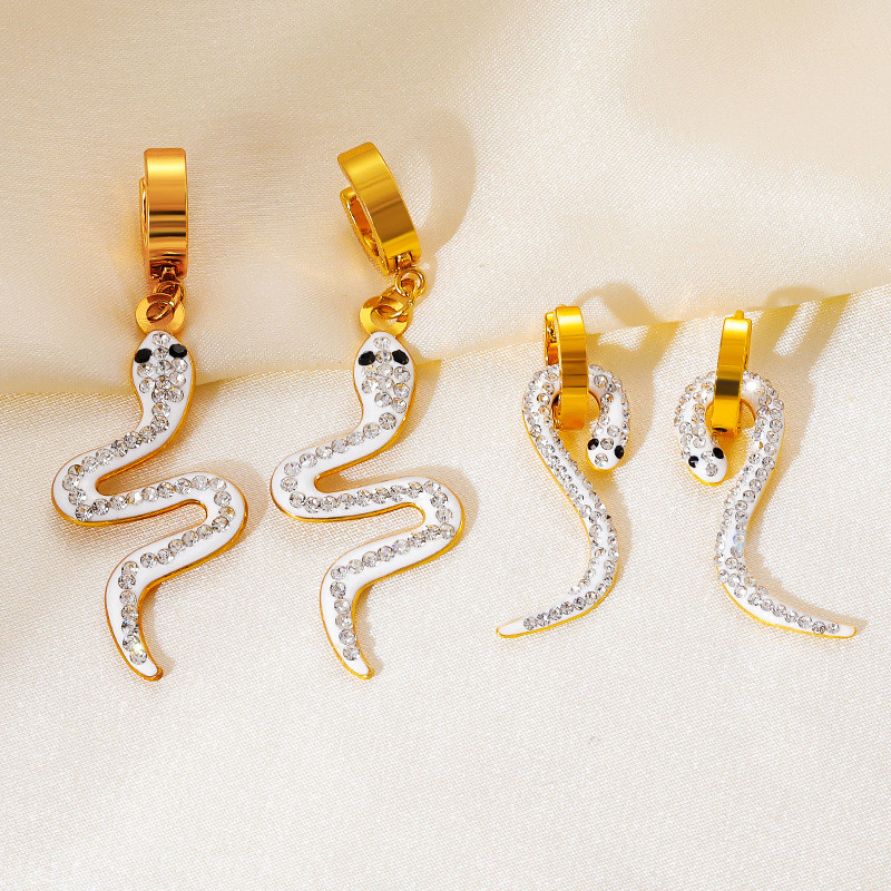 Stainless Steel Snake-Shaped Earrings Gold-Plated Diamond-Studded Earrings Light Luxury High-End European and American Cross-Border Stud Earrings Titanium Steel Earrings for Women