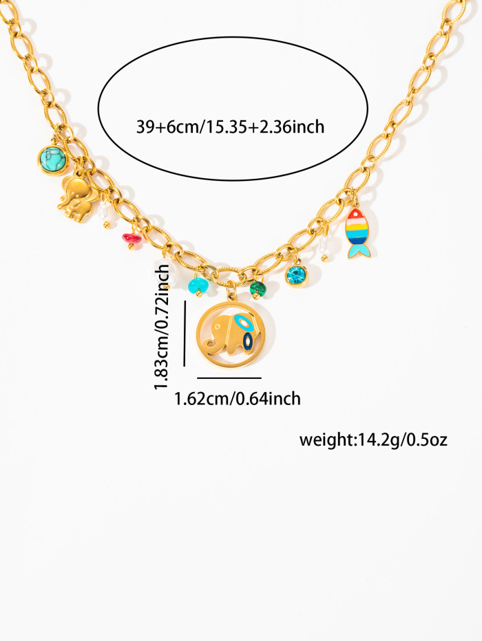 Stainless Steel Necklace Bowknot Elephant Oil Drop Necklace Niche Design Bohemian Gold Plated Titanium Steel Necklace...