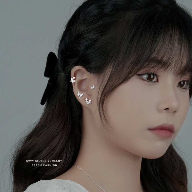 S999 Silver Inlaid Diamond Butterfly Earrings for Women Korean Version Light Luxury Simple Super Fairy Design Asymmetric Ear Cuff Earrings Wholesale