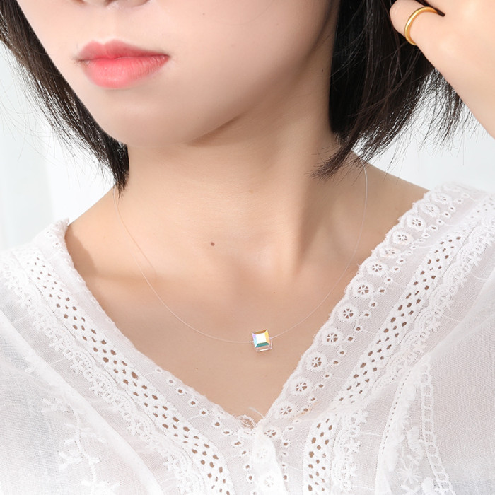 S925 Sterling Silver Moissanite Necklace Transparent Fishing Line Round Bead Zircon Pendant for Women Fresh Collarbone Chain