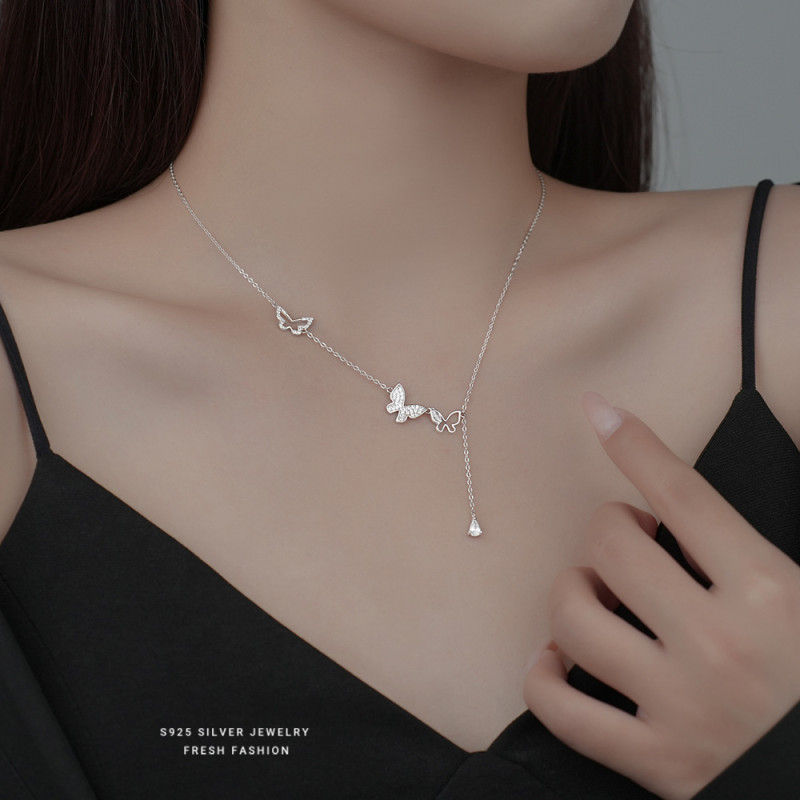 S925 Sterling Silver Butterfly Tassel Pendant Necklace for Women, Light Luxury Internet Celebrity Mori Style Niche Design with Inlaid Diamonds, Collarbone Chain Silver Jewelry