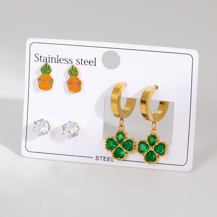 Stainless Steel Earring Set Flower Oil Drop Diamond Earrings Light Luxury High-end Four-leaf Clover Studs Titanium Steel Earrings for Women