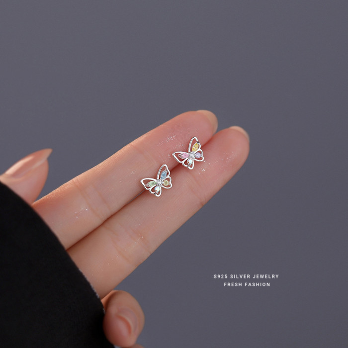 925 Sterling Silver Sparkling Colorful Diamond Butterfly Earrings for Women Sweet Ins Cute Small Mini Gemstone Earrings Wholesale