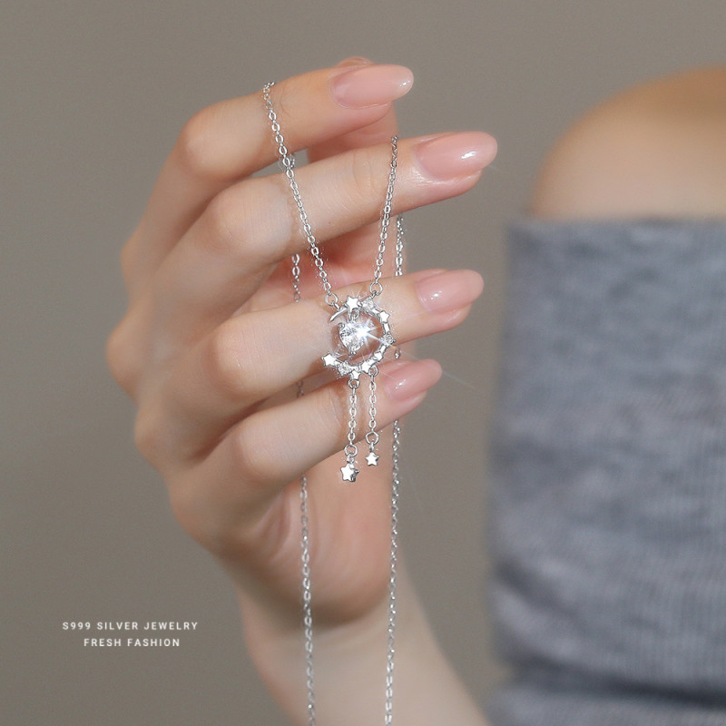 Lover's Moonlight S999 Sterling Silver Heart Moon Star Topaz Necklace Valentine's Day Tassel Fresh Collarbone Chain High-end Feel
