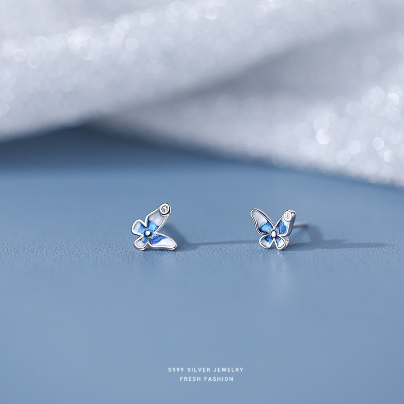 S999 Pure Silver Blue Butterfly Earrings for Women Simple Small Fresh Elegant Ear Bone Studs Mori Style Cute Ear Jewelry