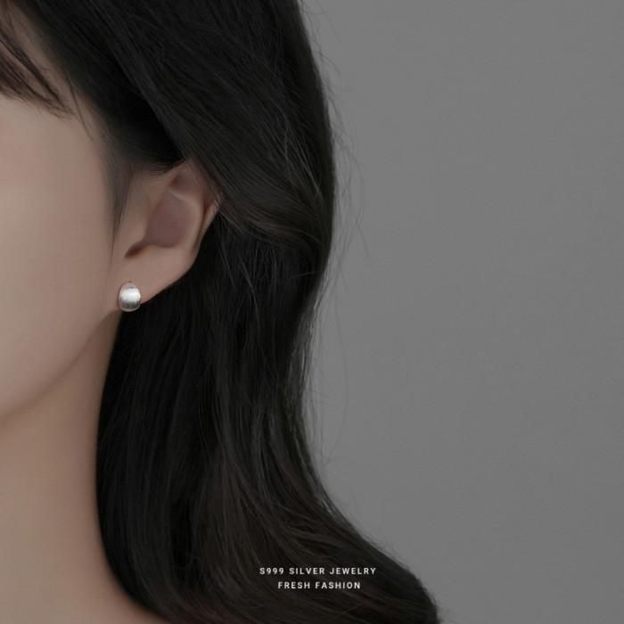 S999 Pure Silver Curved Matte Brushed Earrings for Women French Retro Hong Kong Style Elegant Internet Celebrity High-end Personality Earrings