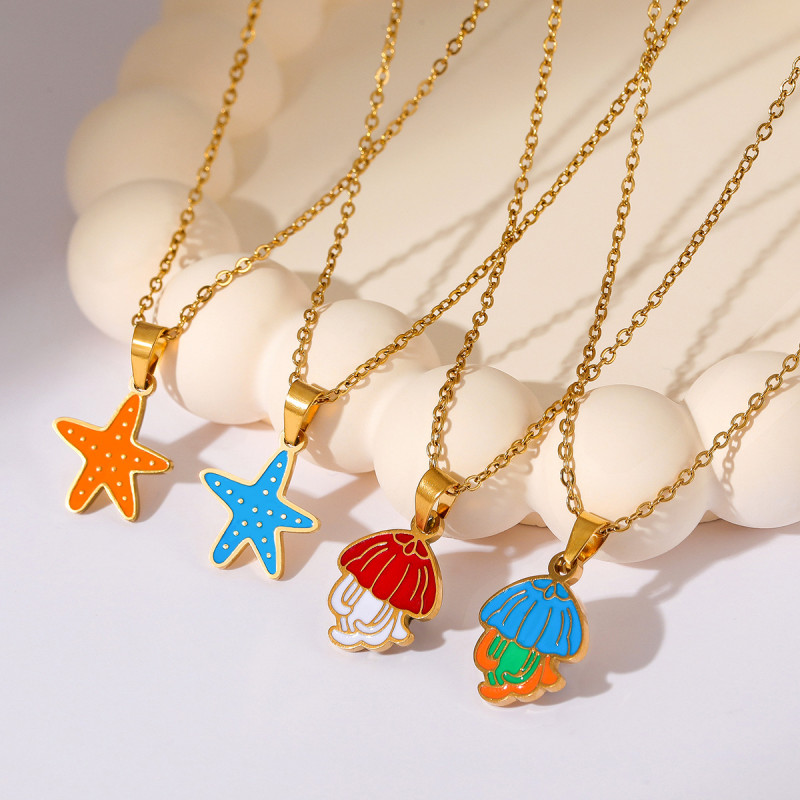 Stainless Steel Necklace European and American Sweet Oil Drop Starfish Small Fish Mushroom Non-Fading Niche High-End Titanium Steel Necklace for Women