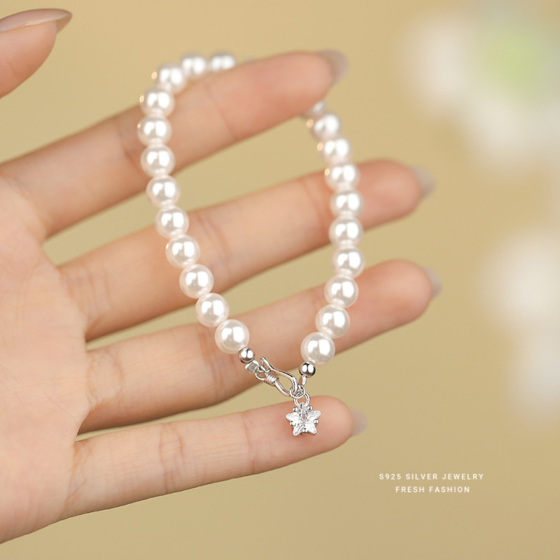 Shijia Pearl Bracelet S925 Sterling Silver Women's Micro Inlaid Zirconia Light Luxury High-end Fashionable Elegant Pearl Bracelet