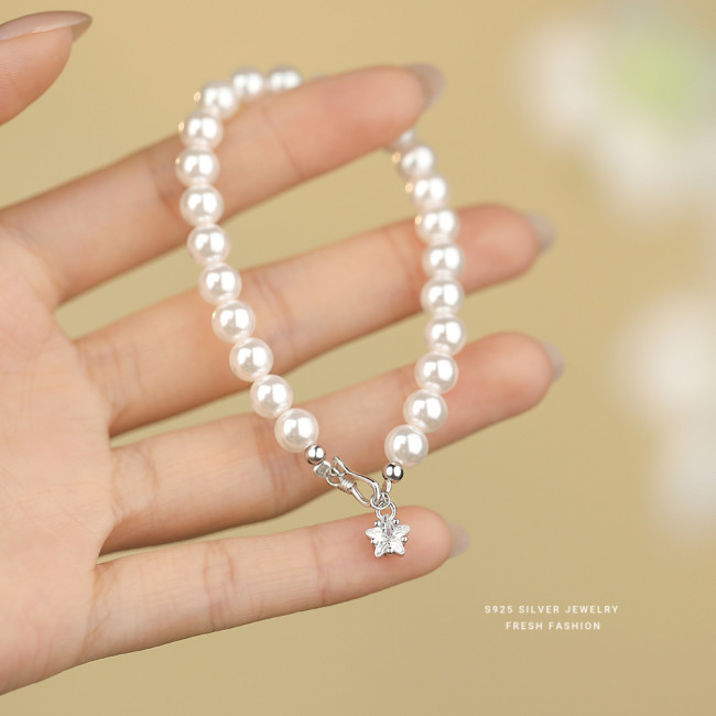Shijia Pearl Bracelet S925 Sterling Silver Women's Micro Inlaid Zirconia Light Luxury High-end Fashionable Elegant Pearl Bracelet