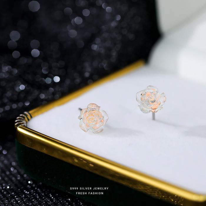 New Arrival S999 Pure Silver Iridescent Cool Rose Stud Earrings Simple French Retro Elegant Sweet Niche Earrings