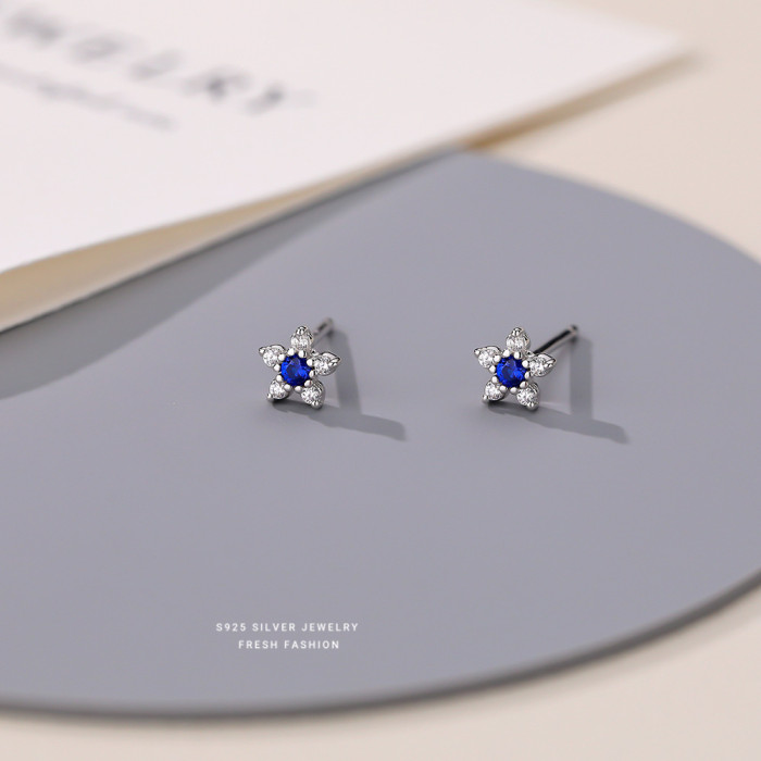 Blue Series Fresh Iris Flower Earrings for Women S999 Sterling Silver Korean Fashion Zircon Star Earrings Eight-Pointed Star