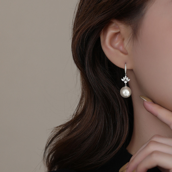 French Style Light Luxury Shijia Pearl Lotus Earrings for Women S999 Pure Silver High-end Elegant Full Silver Ear Hooks Bridal Earrings