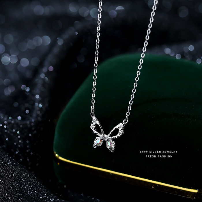 S999 Pure Silver Hollow Butterfly Necklace for Women, Light Luxury Minimalist Design, Niche High-end Pendant Collarbone Chain Wholesale