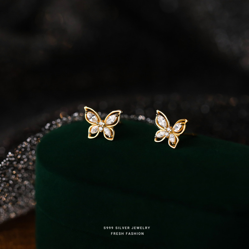 S999 Pure Silver Zircon Butterfly Earrings for Women, Beautiful Sweet Niche Light Luxury High-end Design Cute Elegant Earrings