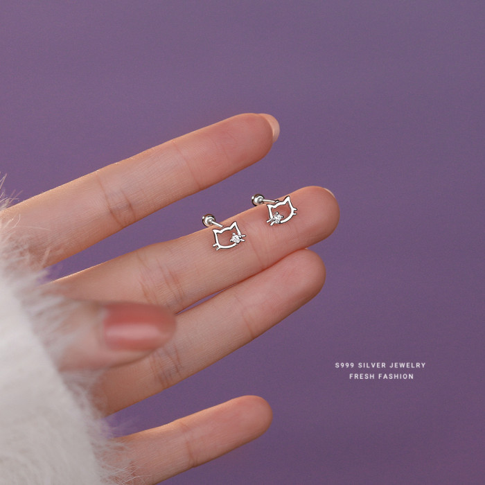 S999 Pure Silver Cute Cat Ear Bone Stud for Women, Screw-on Ear Piercing, Pure Silver Ear Stud, Simple and Sweet Student Gift