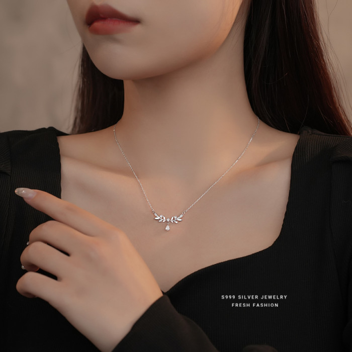 S999 Pure Silver Light Luxury Laurel Goddess Necklace for Women, Niche Elegant High-end Zircon Lucky Flower Clavicle...