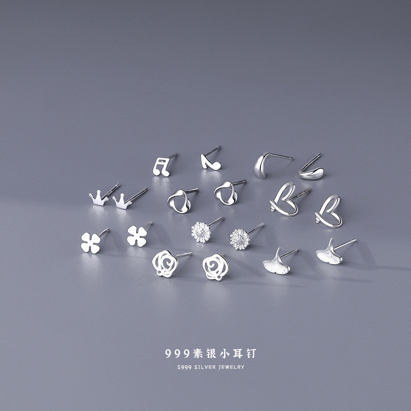 S999 Pure Silver Earrings for Women Simple Four-Leaf Clover Pure Silver Small Ear Bone Studs Ear Piercing Care Earrings Wholesale