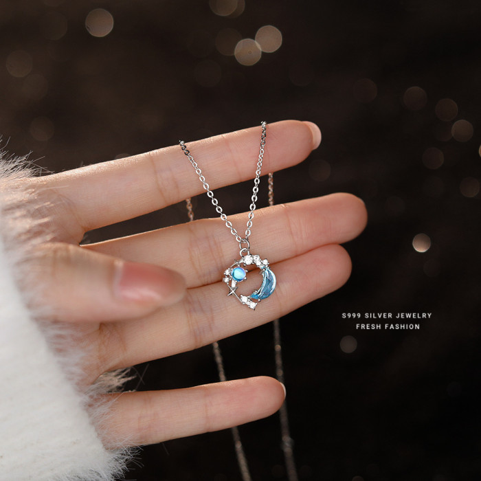S999 Pure Silver Moon Necklace for Women, Niche Fashionable Elegant Collarbone Chain, Autumn Winter High-Quality Jewelry, Wholesale Birthday Gift