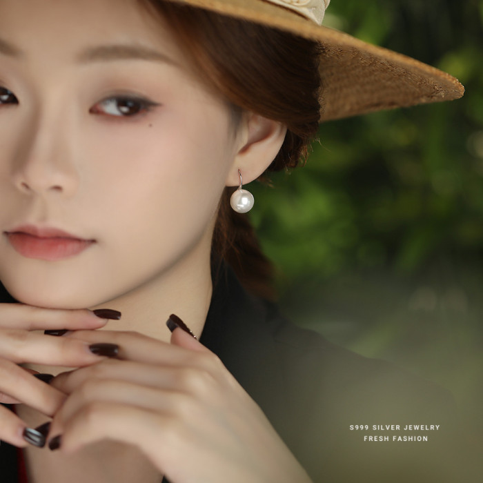 Women's Korean-Style Pearl High Heel Stud Earrings S999 Sterling Silver Fashionable High-End Ear Hook All-Match Pure Silver Earrings Light Luxury