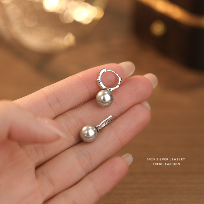 S925 Sterling Silver Bamboo Pearl Earrings for Women Korean Version INS Niche Design Fashionable Elegant Light Luxury Shijia Pearl Drop Earrings