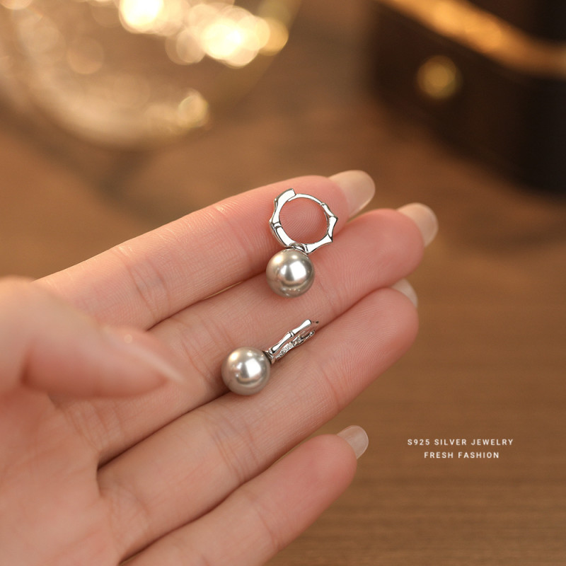 S925 Sterling Silver Bamboo Pearl Earrings for Women Korean Version INS Niche Design Fashionable Elegant Light Luxury Shijia Pearl Drop Earrings
