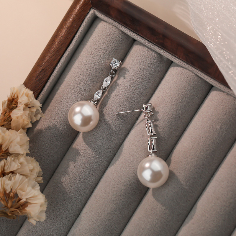 S999 Pure Silver French Style Light Luxury Pearl Earrings Long Tassel Swarovski Zircon Earrings for Women Elegant and High-end Feel