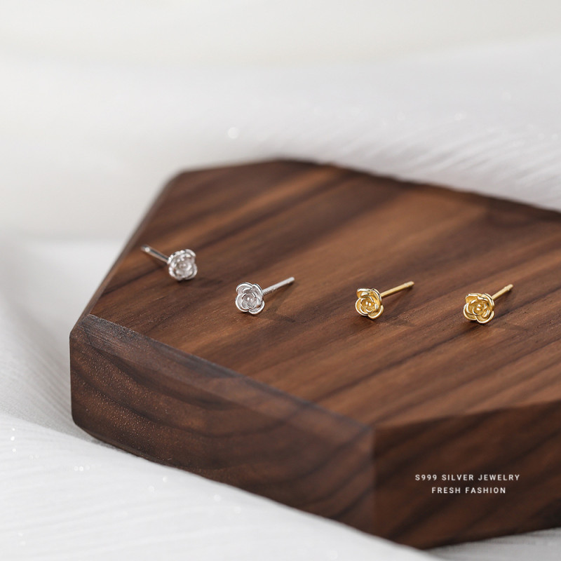S999 Pure Silver Rose Stud Earrings Female Niche Small Ear-Caring Sleeping No Need to Take off French Minority Silver Earrings Wholesale