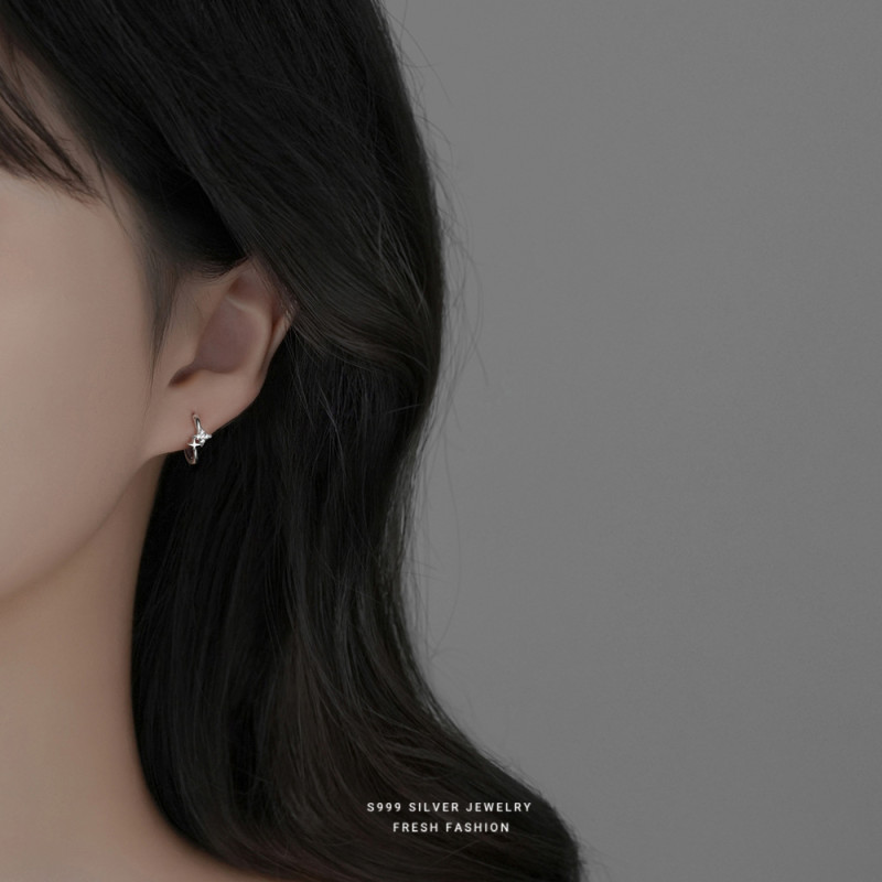S999 Pure Silver Zircon Star Stud Earrings for Women Super Sparkling Star Simple Personality Super Sparkling Elegant High-end Earrings Wholesale